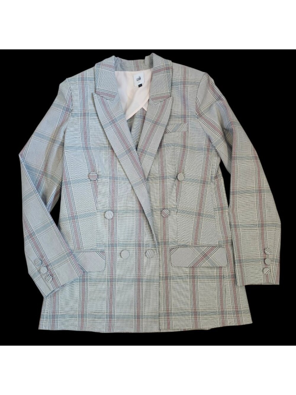 Cabi Sz 8 Glen Plaid Blazer Jacket Double Breasted Preppy Neutral Gray Pink Blue